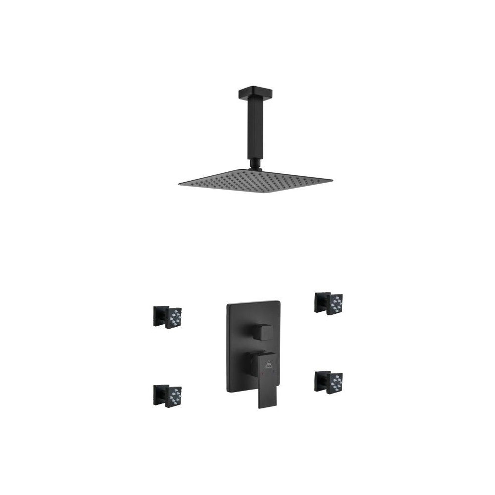 Matte Black Shower Set, 8" Ceiling Mount Square Rain Shower, 4 Body Jets