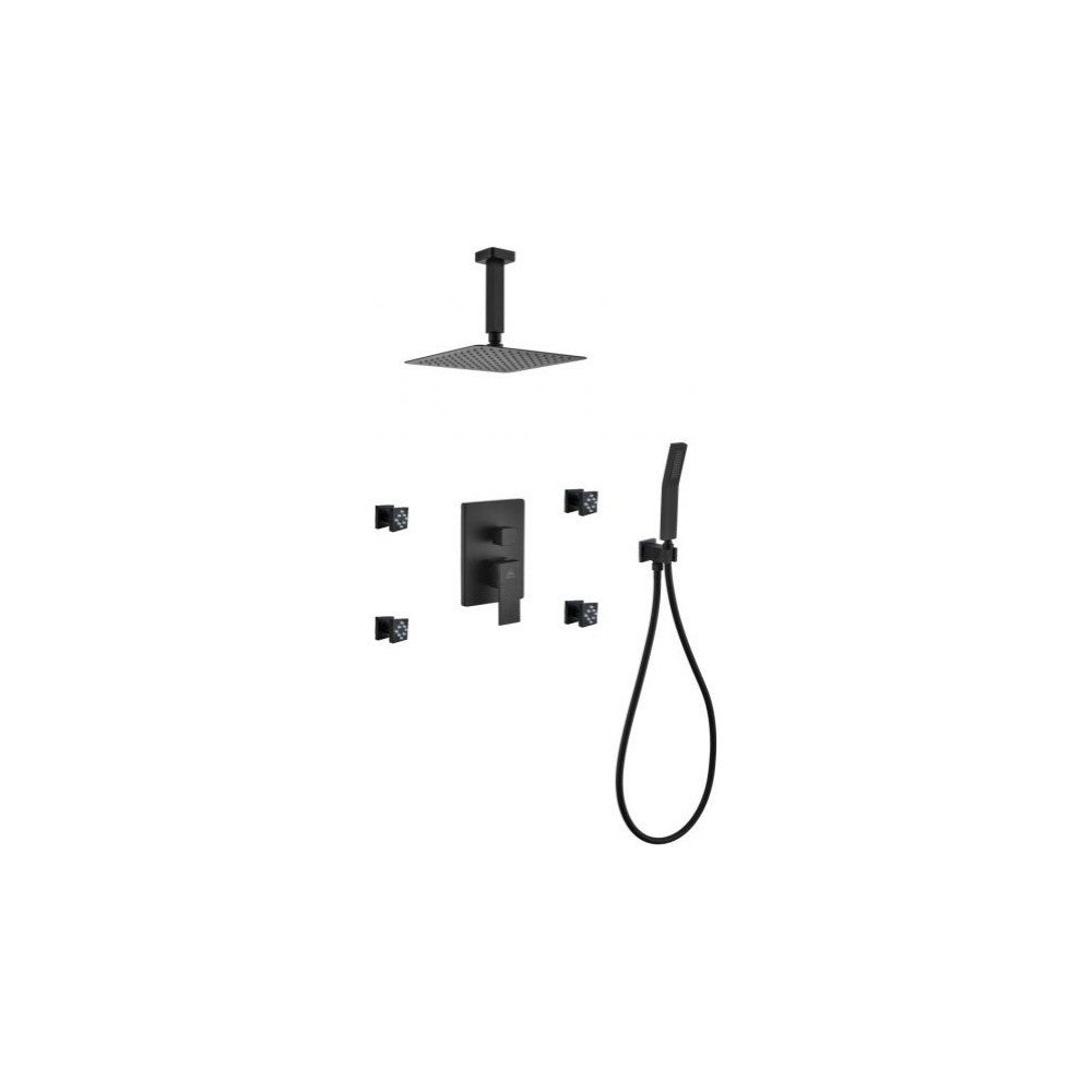 Matte Black Shower Set ,8" Ceiling Mount Square Rain Shower, Handheld, 4 Body Je