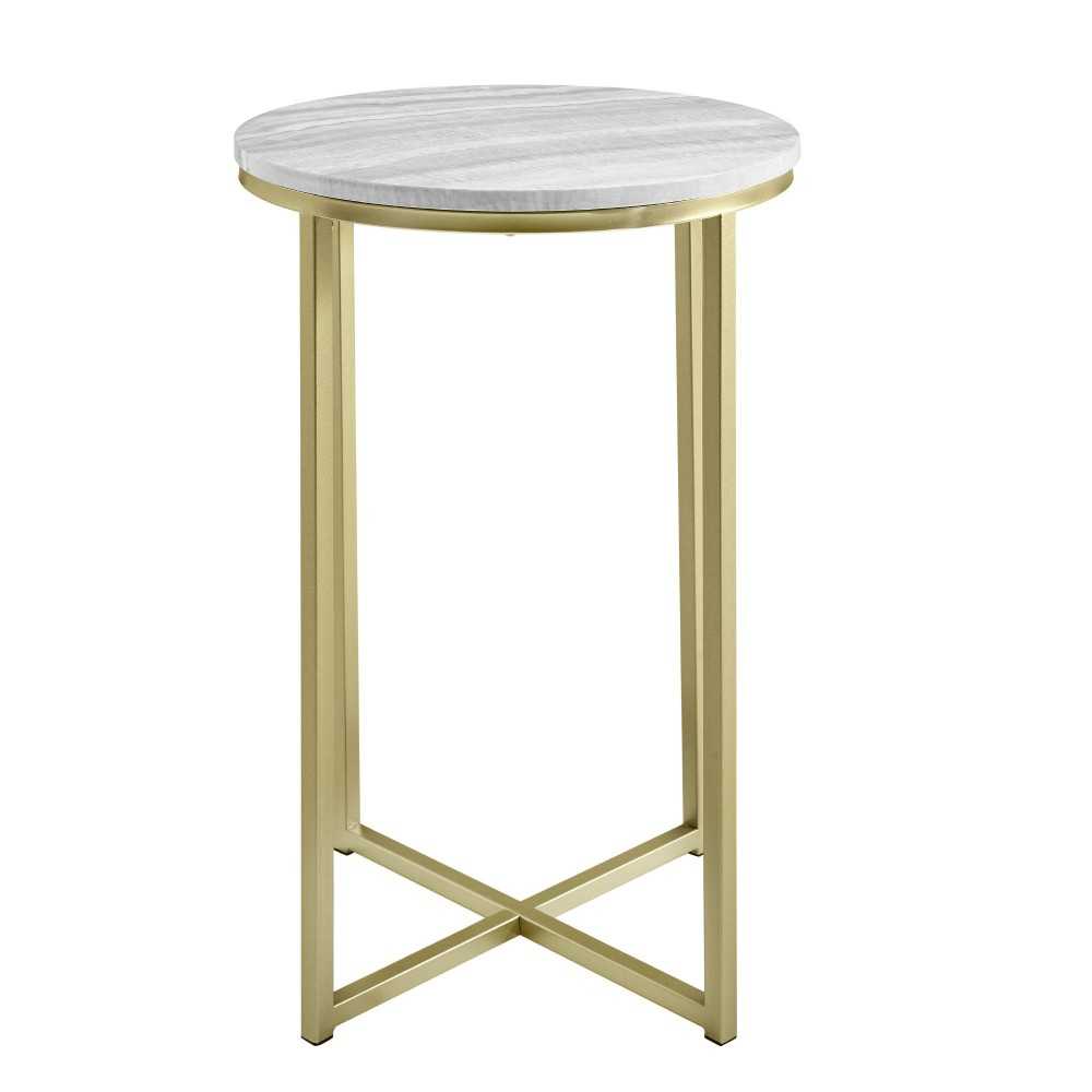 Melissa 16" Faux Stone Round Glam Side Table - Faux Gray Vein Cut Marble/Gold