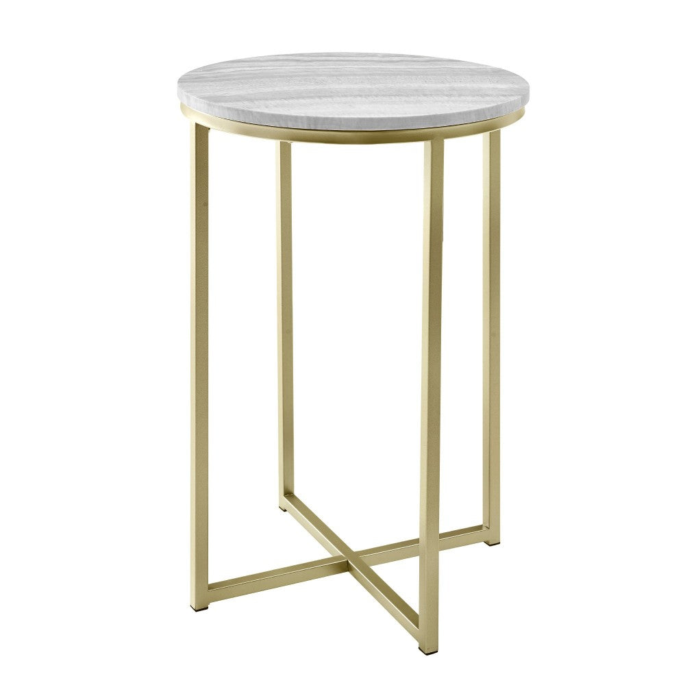 Melissa 16" Faux Stone Round Glam Side Table - Faux Gray Vein Cut Marble/Gold