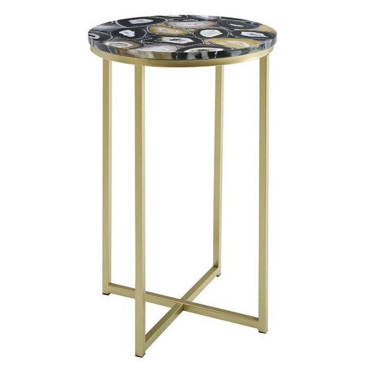 Melissa 16" Faux Stone Round Glam Side Table - Faux Black Agate/Gold