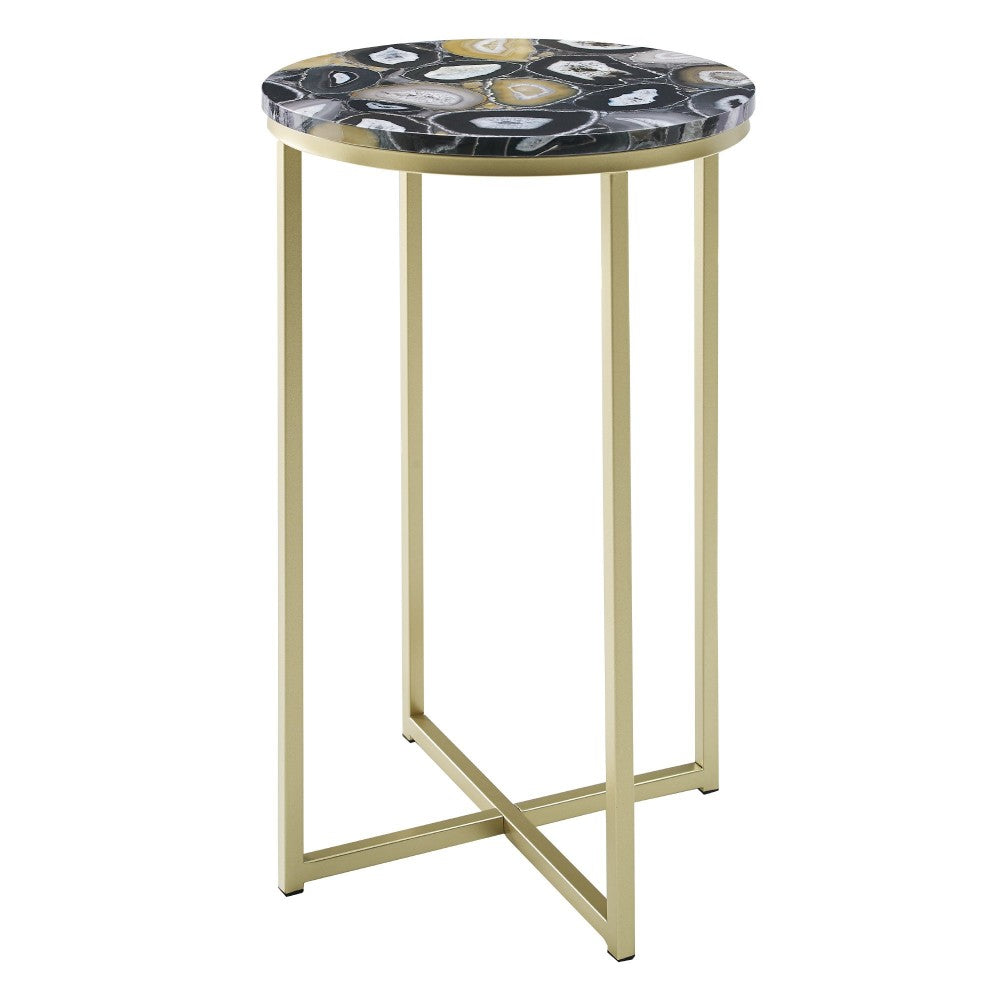 Melissa 16" Faux Stone Round Glam Side Table - Faux Black Agate/Gold