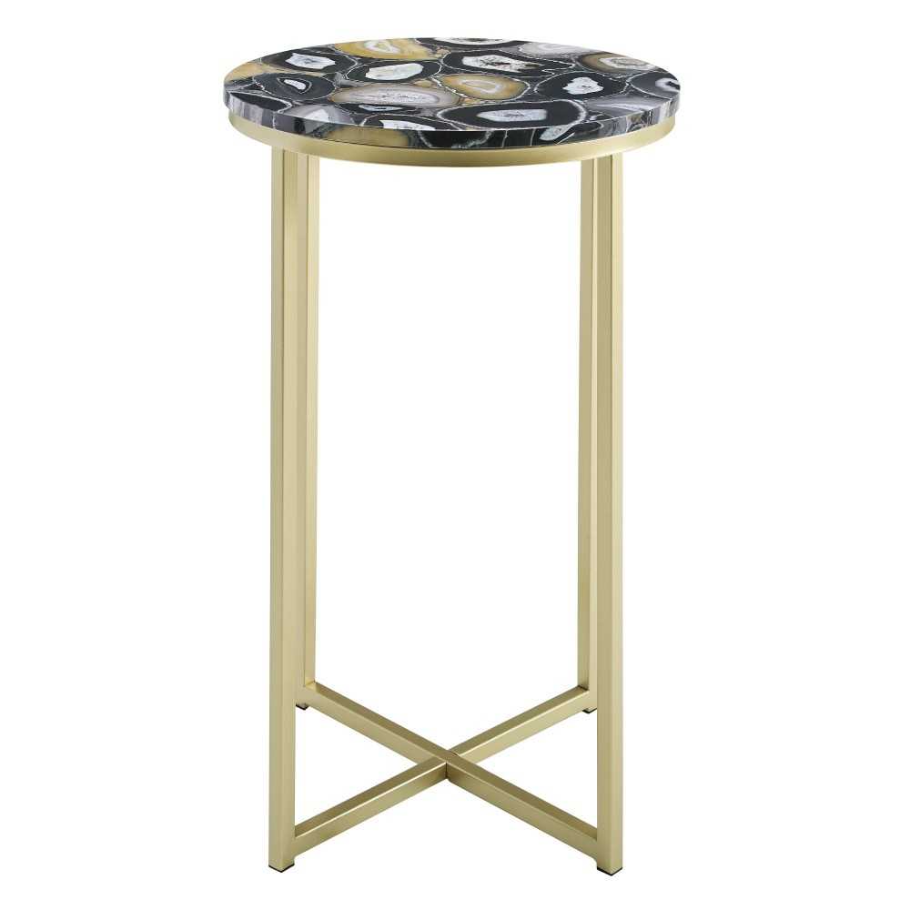 Melissa 16" Faux Stone Round Glam Side Table - Faux Black Agate/Gold