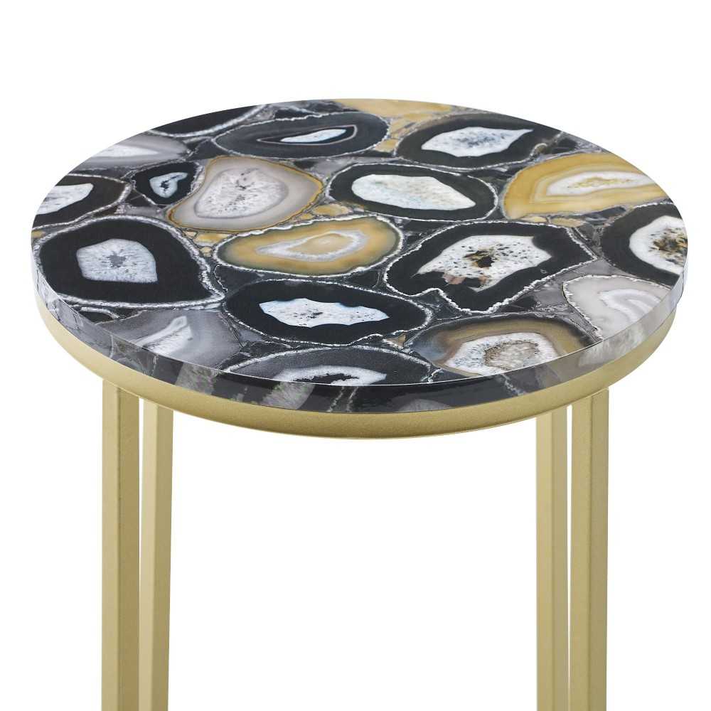 Melissa 16" Faux Stone Round Glam Side Table - Faux Black Agate/Gold