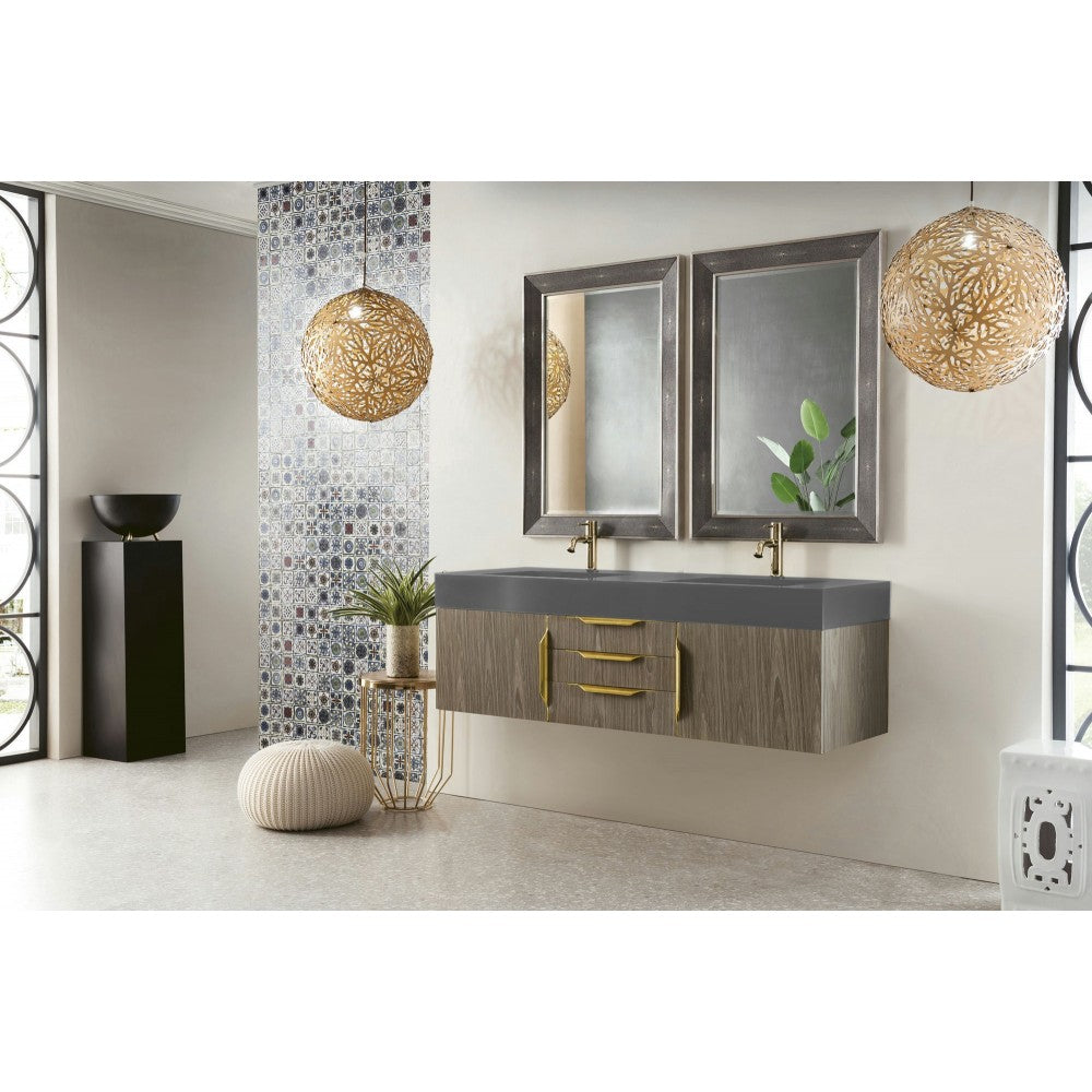 Mercer Island 59" Double Vanity Ash Gray Radiant Gold w/Dusk Gray  Composite Top