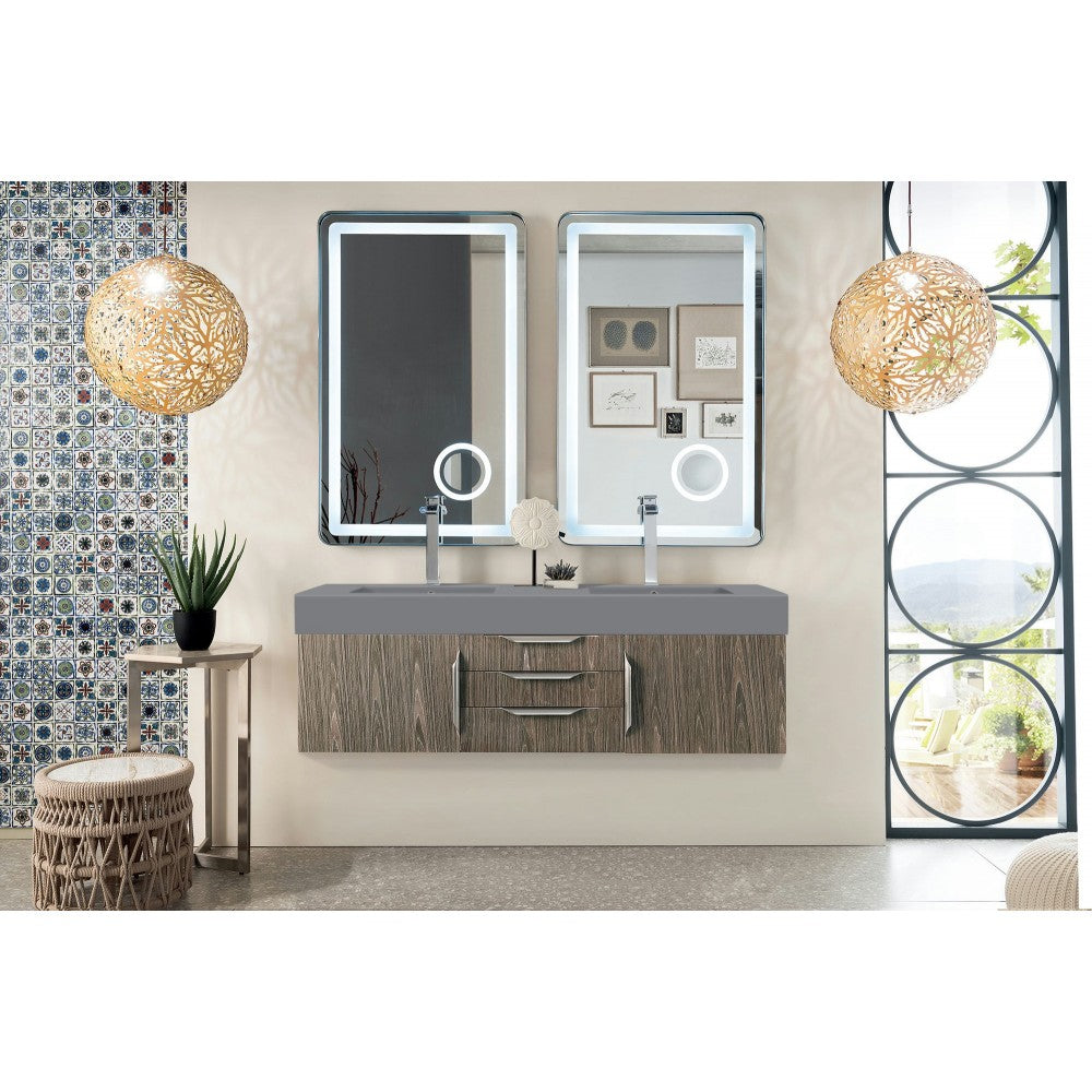 Mercer Island 59" Double Vanity, Ash Gray w/ Dusk Gray Glossy Composite Top