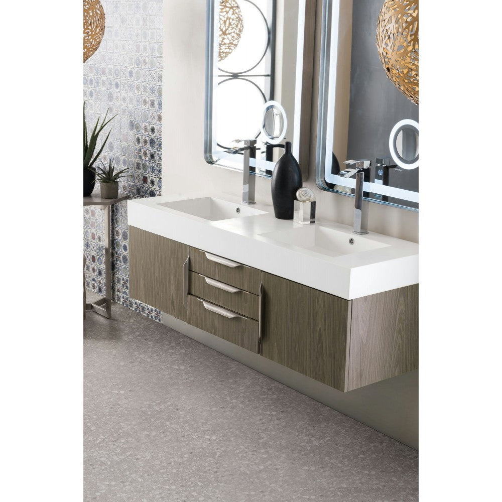 Mercer Island 59" Double Vanity, Ash Gray w/ Glossy White Composite Top