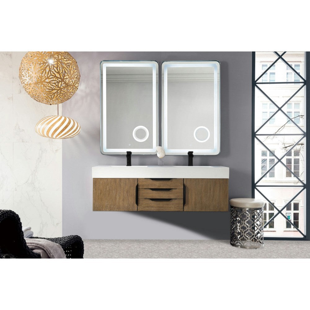 Mercer Island 59" Double Vanity Latte Oak Black w/Glossy White Composite Top