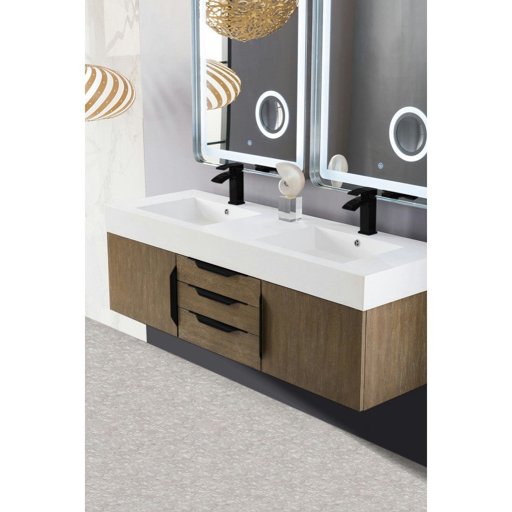 Mercer Island 59" Double Vanity Latte Oak Black w/Glossy White Composite Top
