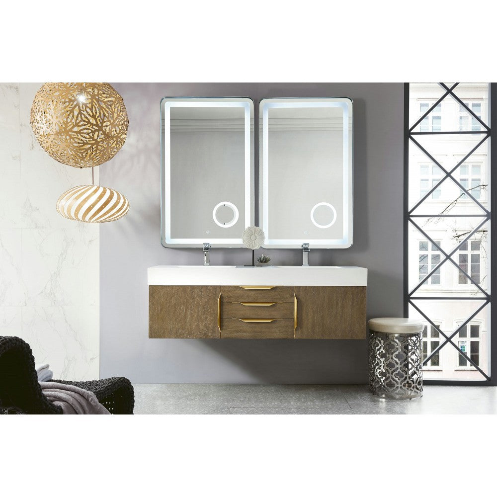 Mercer Island 59" Double Vanity Latte Oak Radiant Gold w/ White Composite Top