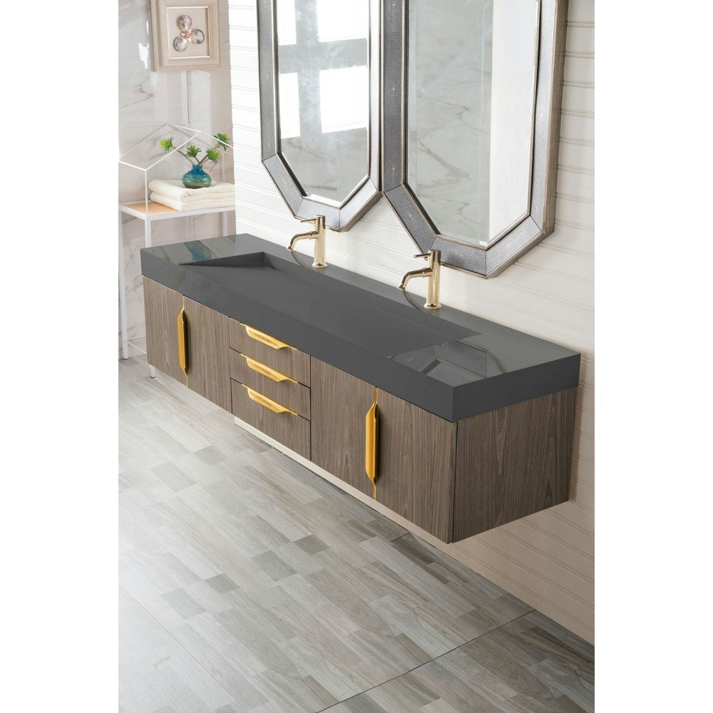 Mercer Island 72" Double Vanity Ash Gray Radiant Gold w/Dusk Gray  Composite Top