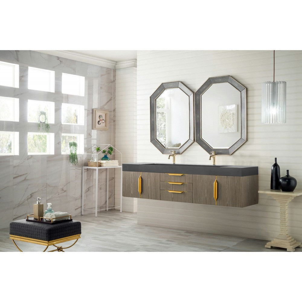 Mercer Island 72" Double Vanity Ash Gray Radiant Gold w/Dusk Gray  Composite Top