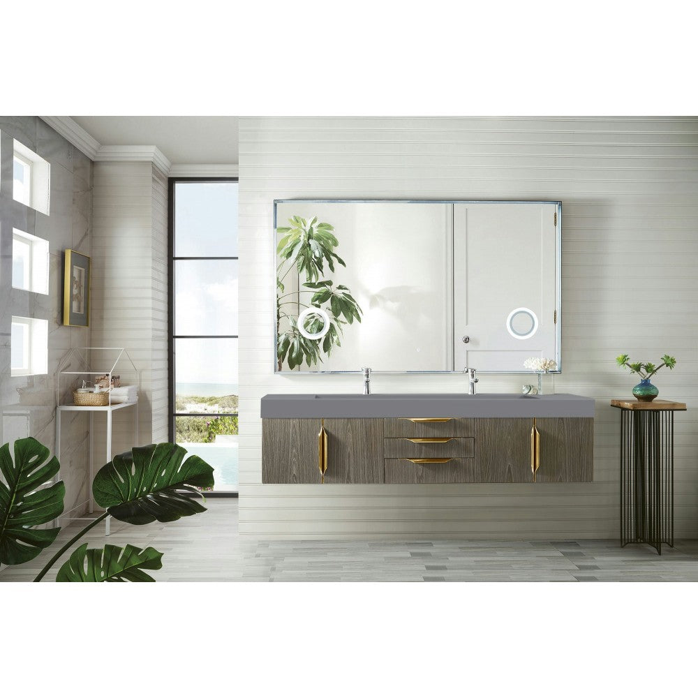 Mercer Island 72" Double Vanity Ash Gray Radiant Gold w/Dusk Gray  Composite Top