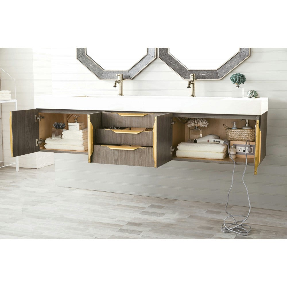 Mercer Island 72" Double Vanity Ash Gray Radiant Gold w/ White Composite Top