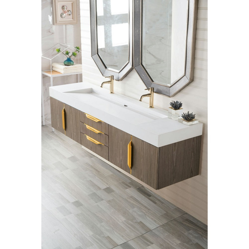 Mercer Island 72" Double Vanity Ash Gray Radiant Gold w/ White Composite Top