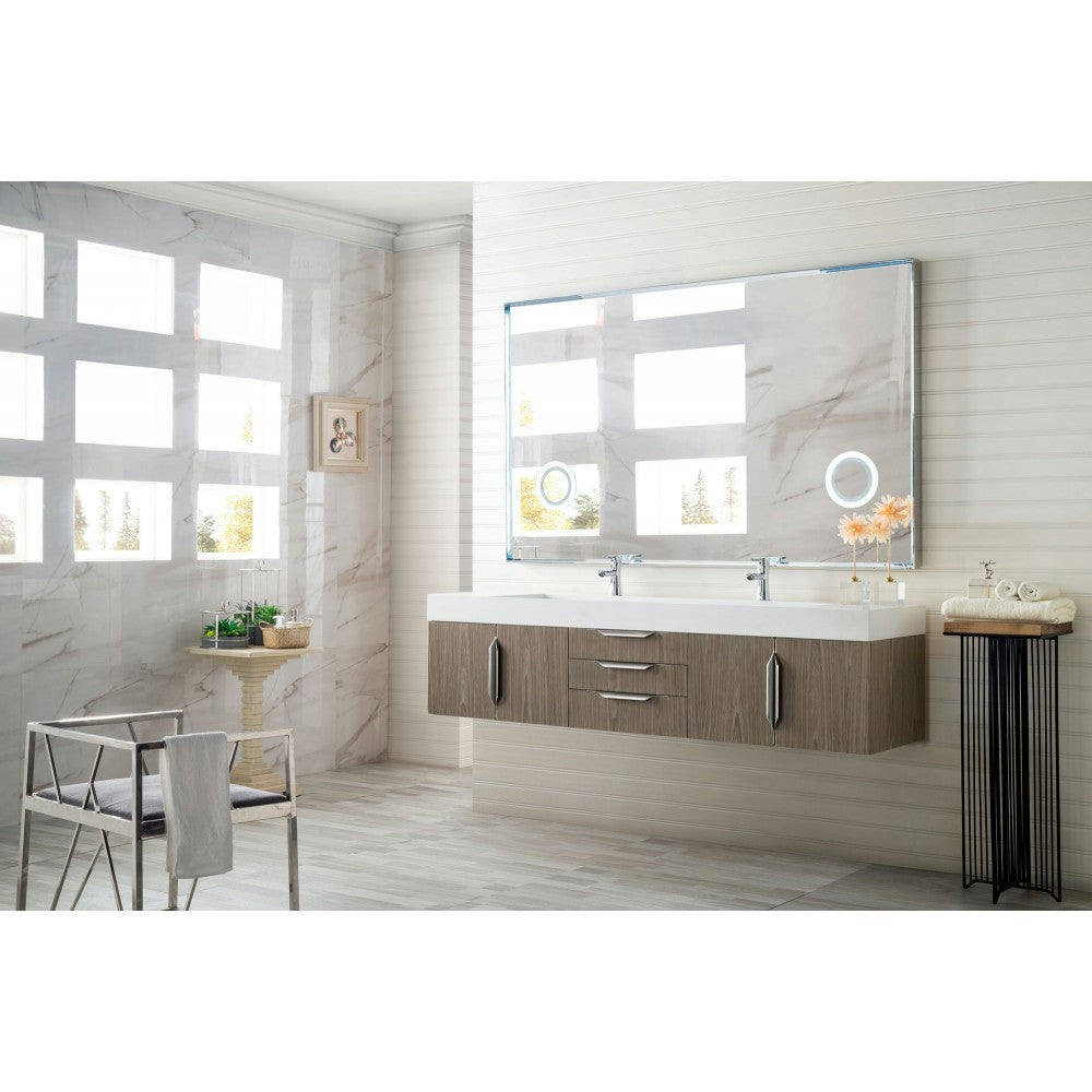 Mercer Island 72" Double Vanity, Ash Gray w/ Glossy White Composite Top
