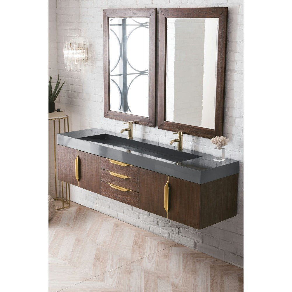 Mercer Island 72" Double Vanity Coffee Oak Radiant Gold,Dusk Gray Composite Top