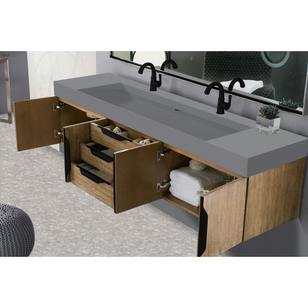 Mercer Island 72" Double Vanity Latte Oak Black w/Dusk Gray Glossy Composite Top