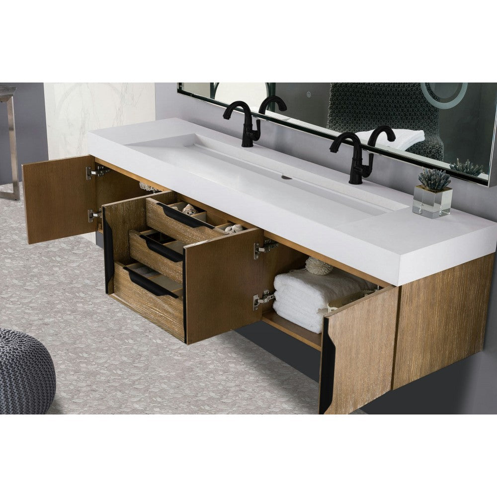 Mercer Island 72" Double Vanity Latte Oak Black w/Glossy White Composite Top