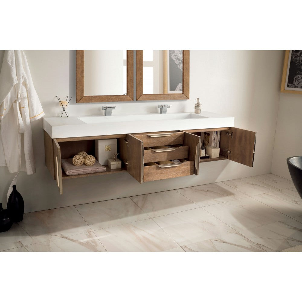 Mercer Island 72" Double Vanity,  Latte Oak w/ Glossy White Composite Top