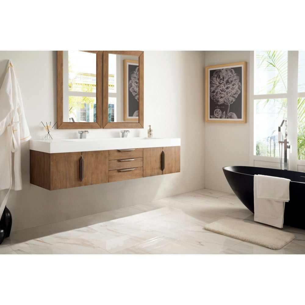 Mercer Island 72" Double Vanity,  Latte Oak w/ Glossy White Composite Top