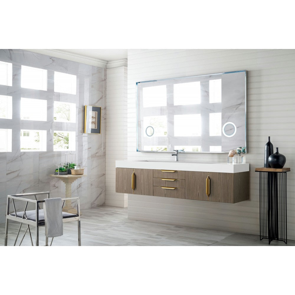 Mercer Island 72" Single Vanity Ash Gray Radiant Gold w/ White Composite Top