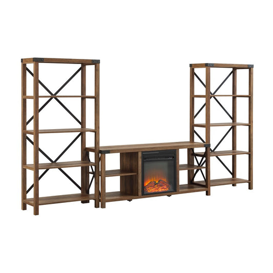 Metal X Accent Wall with 60" Fireplace Console - Rustic Oak