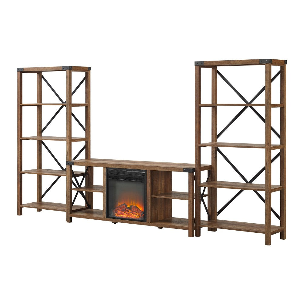 Metal X Accent Wall with 60" Fireplace Console - Rustic Oak