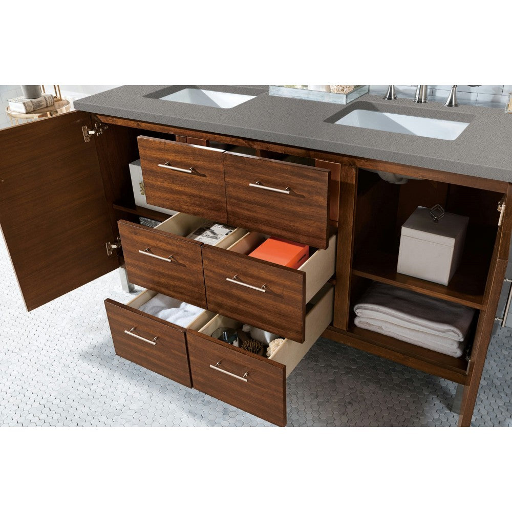 Metropolitan 60" Double Vanity, American Walnut, w/ 3 CM Gray Expo Quartz Top