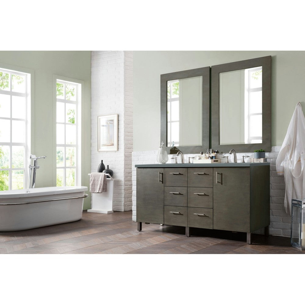 Metropolitan 60" Double Vanity, Silver Oak, w/ 3 CM Cala Blue Quartz Top