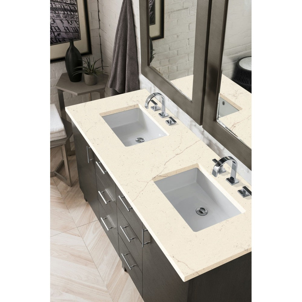 Metropolitan 60" Double Vanity, Silver Oak, w/ 3 CM Eternal Marfil Quartz Top