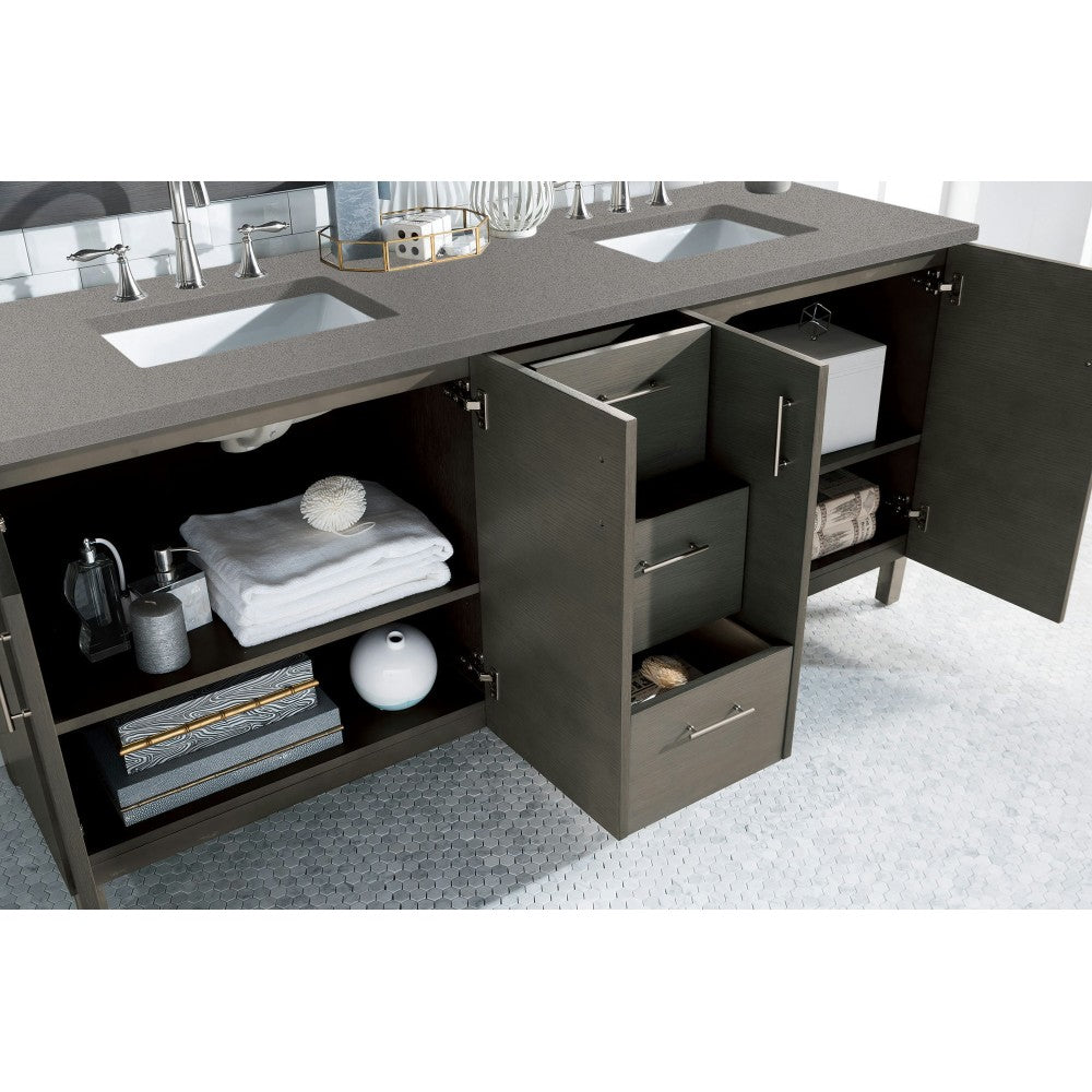 Metropolitan 72" Double Vanity, Silver Oak, w/ 3 CM Gray Expo Quartz Top