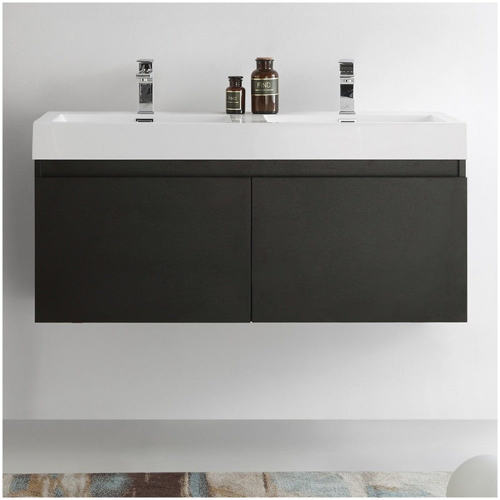 Mezzo 48" Black Wall Hung Double Sink Modern Bathroom Cabinet w/ Integrated Sink