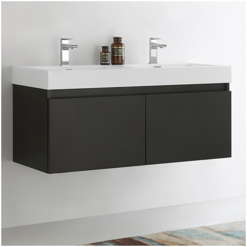 Mezzo 48" Black Wall Hung Double Sink Modern Bathroom Cabinet w/ Integrated Sink