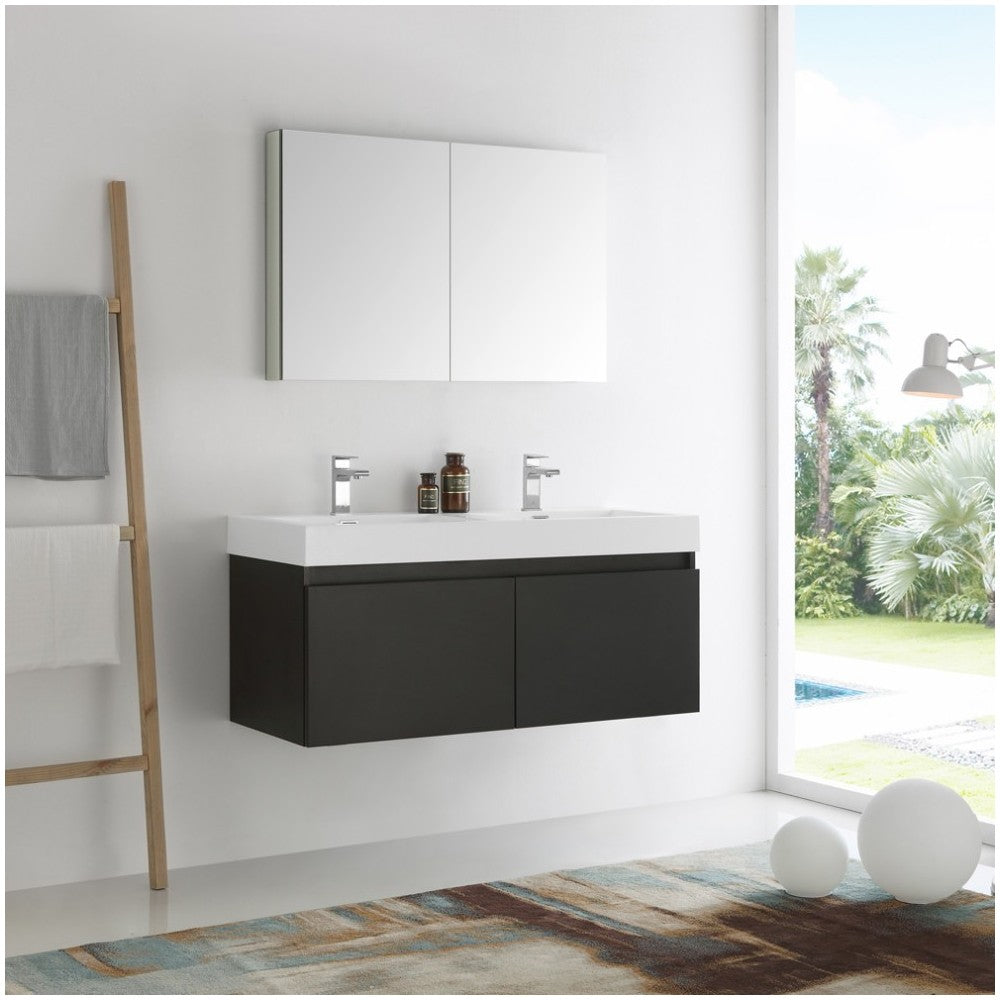 Mezzo 48" Black Wall Hung Double Sink Modern Bathroom Vanity w/ Medicine Cabinet