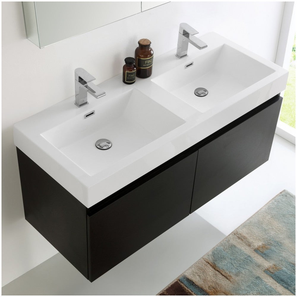 Mezzo 48" Black Wall Hung Double Sink Modern Bathroom Vanity w/ Medicine Cabinet