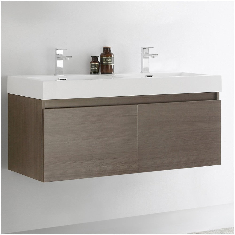 Mezzo 48 Gray Oak Wall Hung Double Sink Bathroom Cabinet w/ Integrated Sink