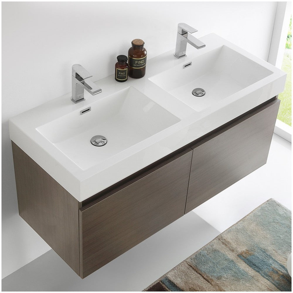 Mezzo 48 Gray Oak Wall Hung Double Sink Bathroom Cabinet w/ Integrated Sink