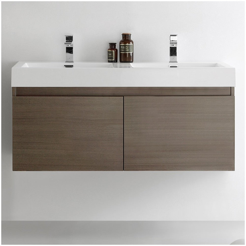 Mezzo 48 Gray Oak Wall Hung Double Sink Bathroom Cabinet w/ Integrated Sink
