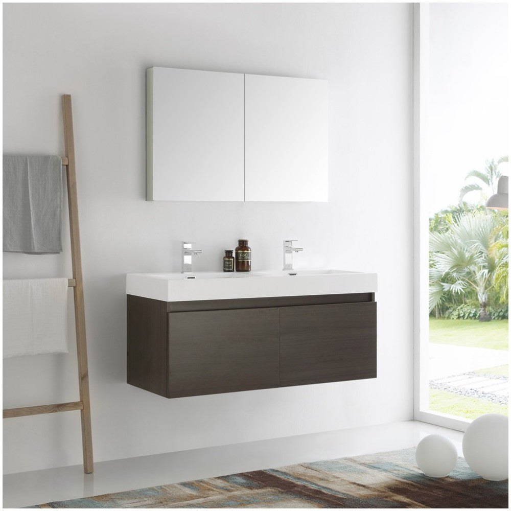 Mezzo 48 Gray Wall Hung Double Sink Modern Bathroom Vanity w/ Medicine Cabinet