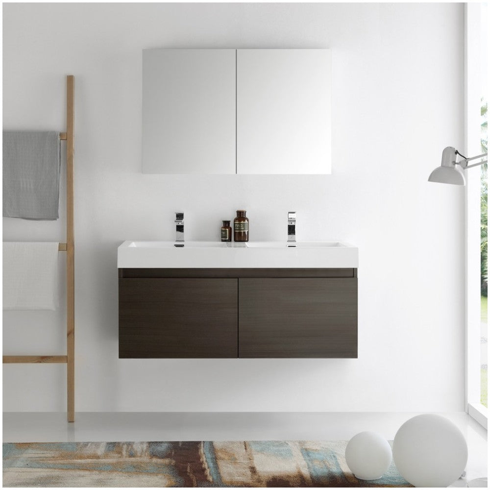 Mezzo 48 Gray Wall Hung Double Sink Modern Bathroom Vanity w/ Medicine Cabinet