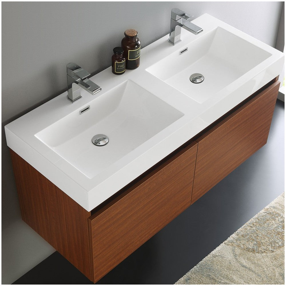 Mezzo 48" Teak Wall Hung Double Sink Modern Bathroom Cabinet w/ Integrated Sink