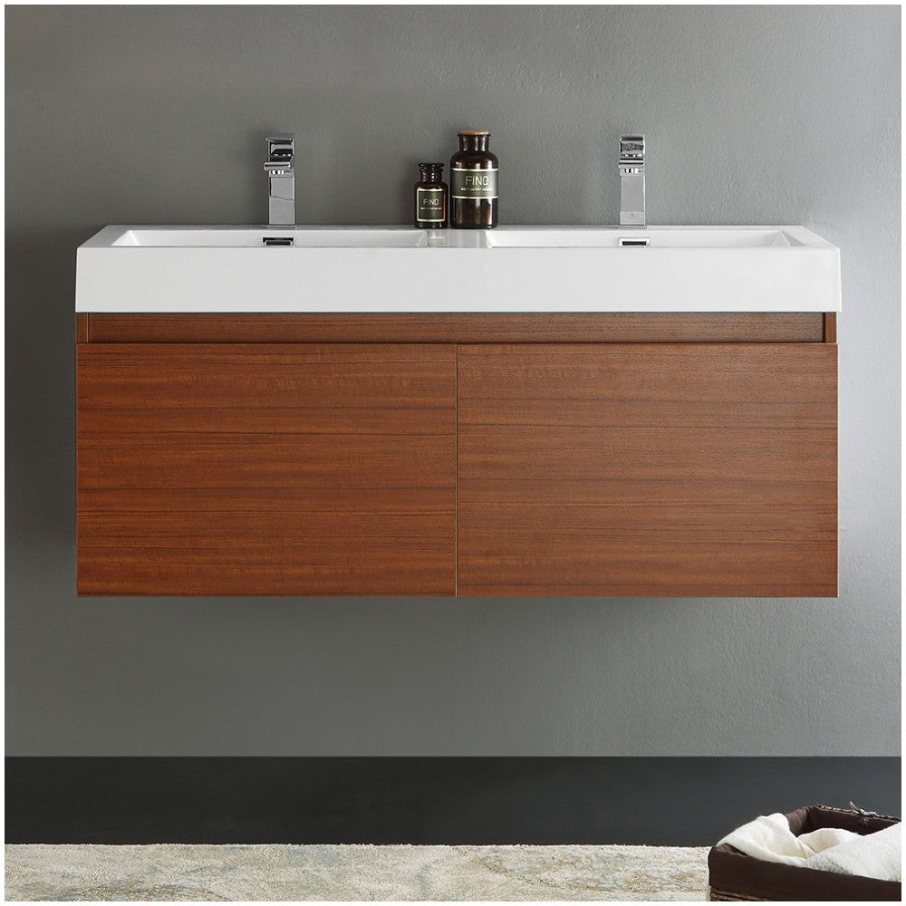 Mezzo 48" Teak Wall Hung Double Sink Modern Bathroom Cabinet w/ Integrated Sink