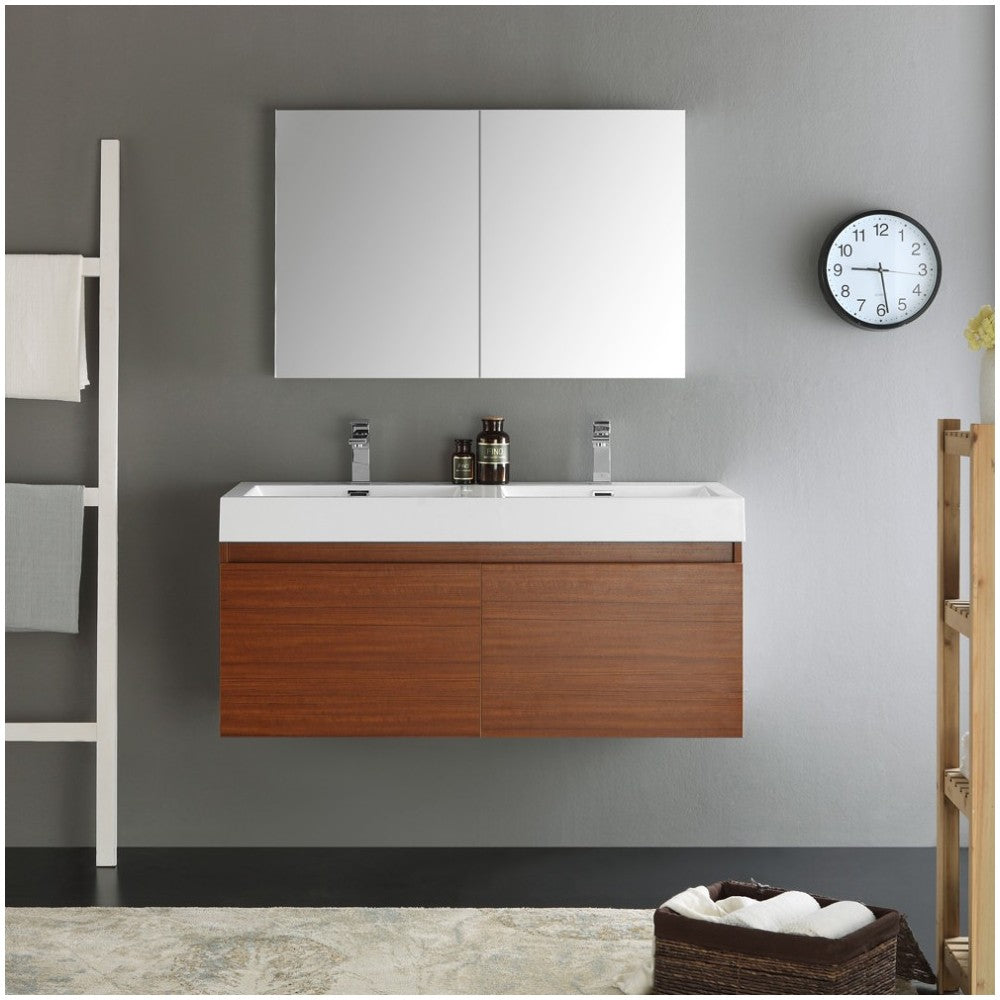 Mezzo 48" Teak Wall Hung Double Sink Modern Bathroom Vanity w/ Medicine Cabinet