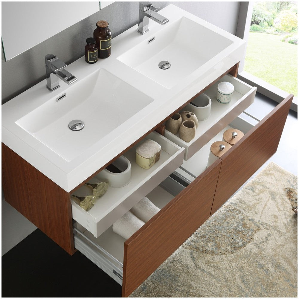 Mezzo 48" Teak Wall Hung Double Sink Modern Bathroom Vanity w/ Medicine Cabinet