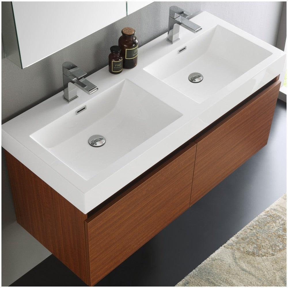 Mezzo 48" Teak Wall Hung Double Sink Modern Bathroom Vanity w/ Medicine Cabinet