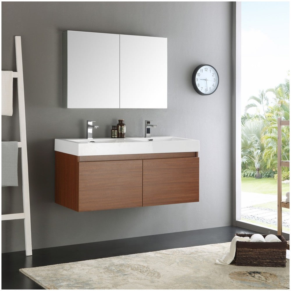 Mezzo 48" Teak Wall Hung Double Sink Modern Bathroom Vanity w/ Medicine Cabinet