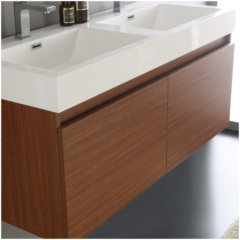 Mezzo 48" Teak Wall Hung Double Sink Modern Bathroom Vanity w/ Medicine Cabinet