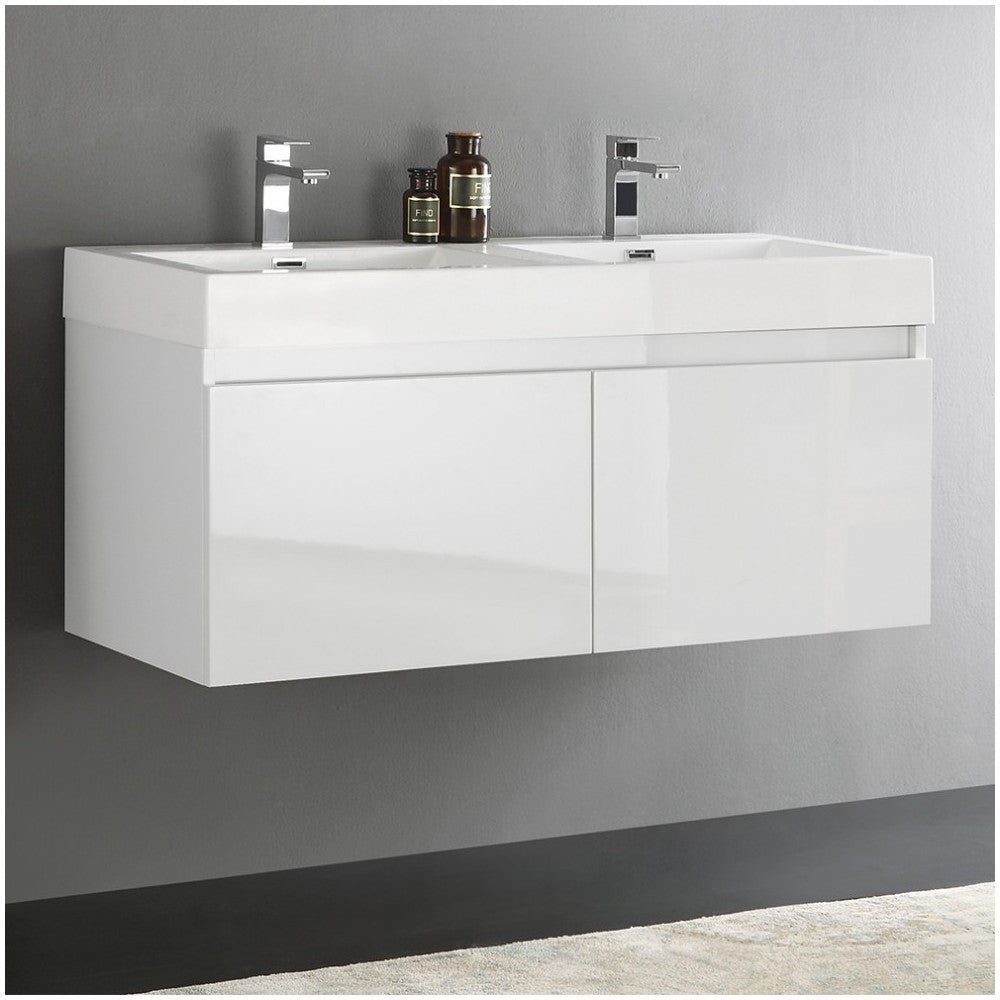 Mezzo 48" White Wall Hung Double Sink Modern Bathroom Cabinet w/ Integrated Sink