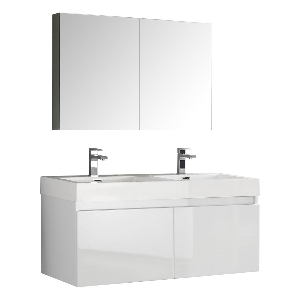 Mezzo 48" White Wall Hung Double Sink Modern Bathroom Vanity w/ Medicine Cabinet